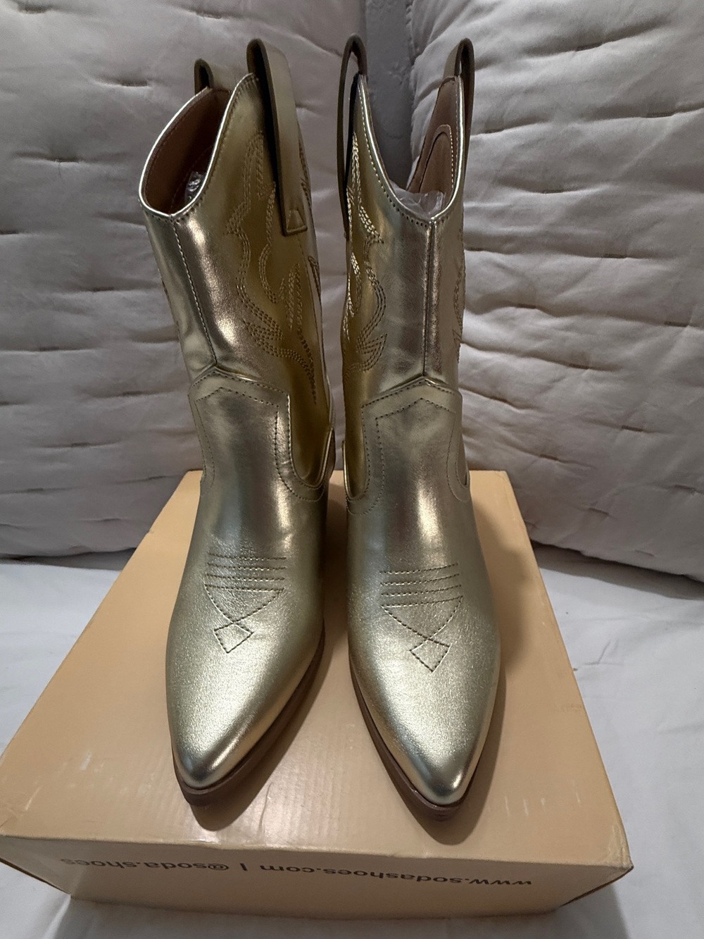 Soda Metallic Gold Pointed-Toe Western Combat Boots